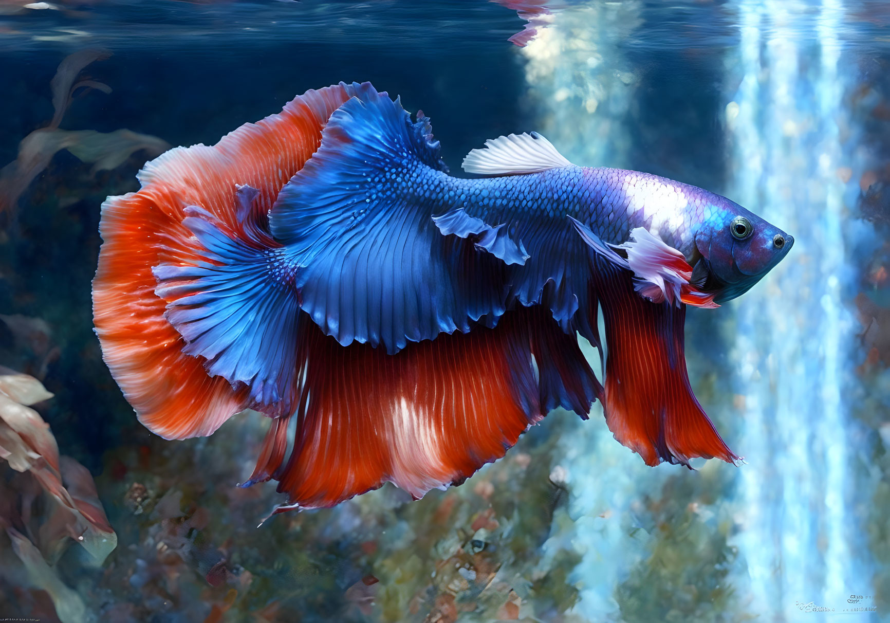 Colorful Betta Fish with Blue and Red Fins Swimming Gracefully