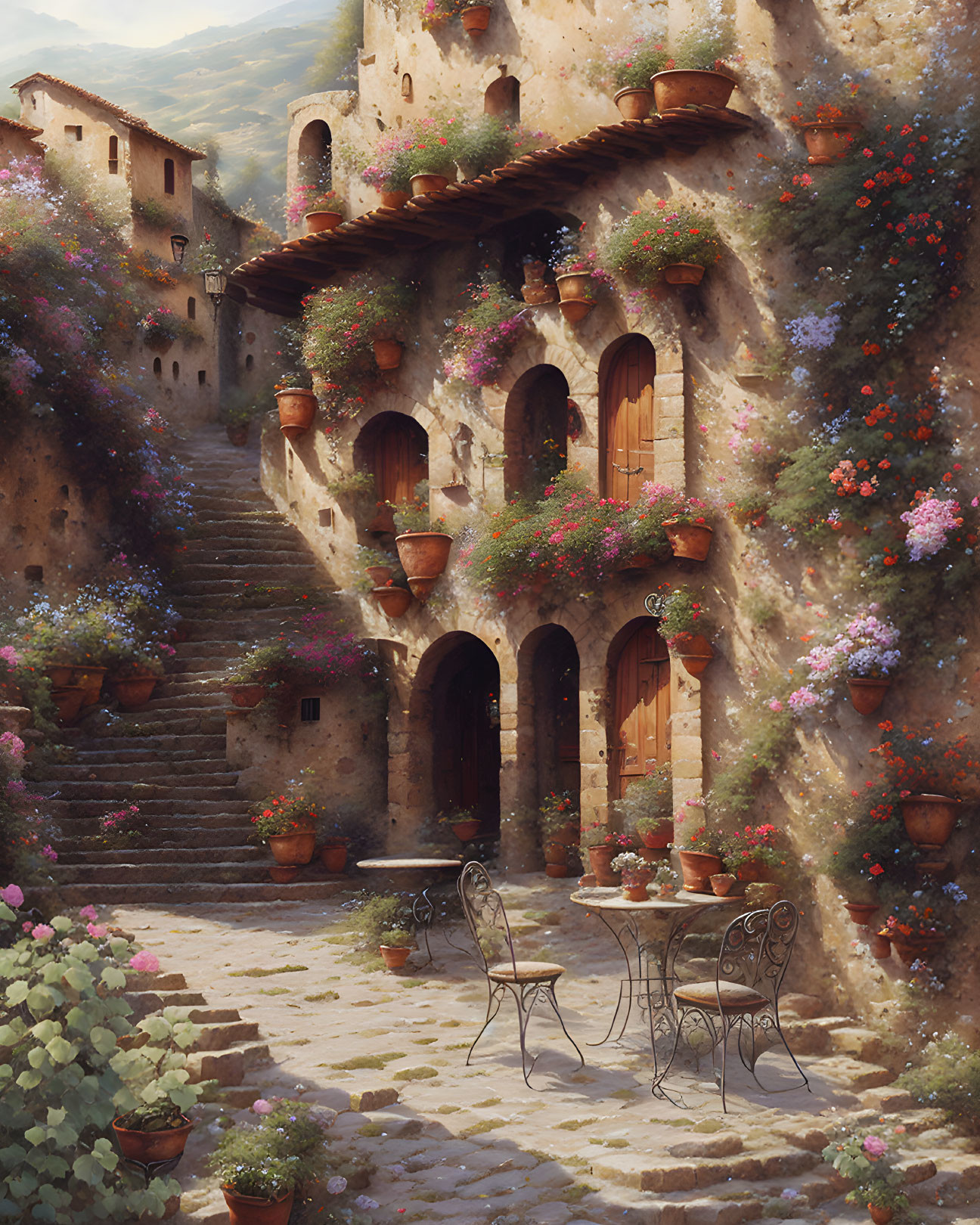 Rustic village stone stairway with blooming flora and seating area