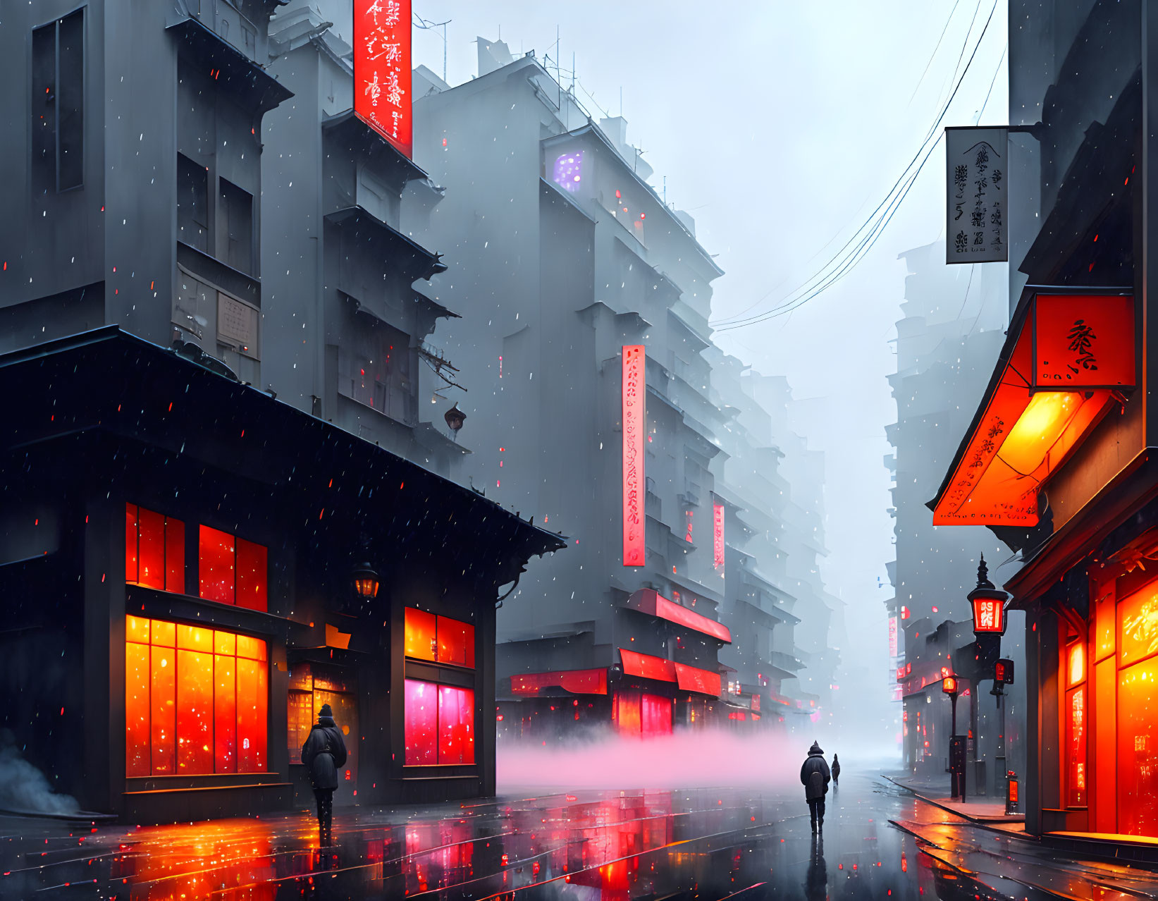 Urban street scene at dusk with neon signs, pedestrians, falling snow, and modern buildings