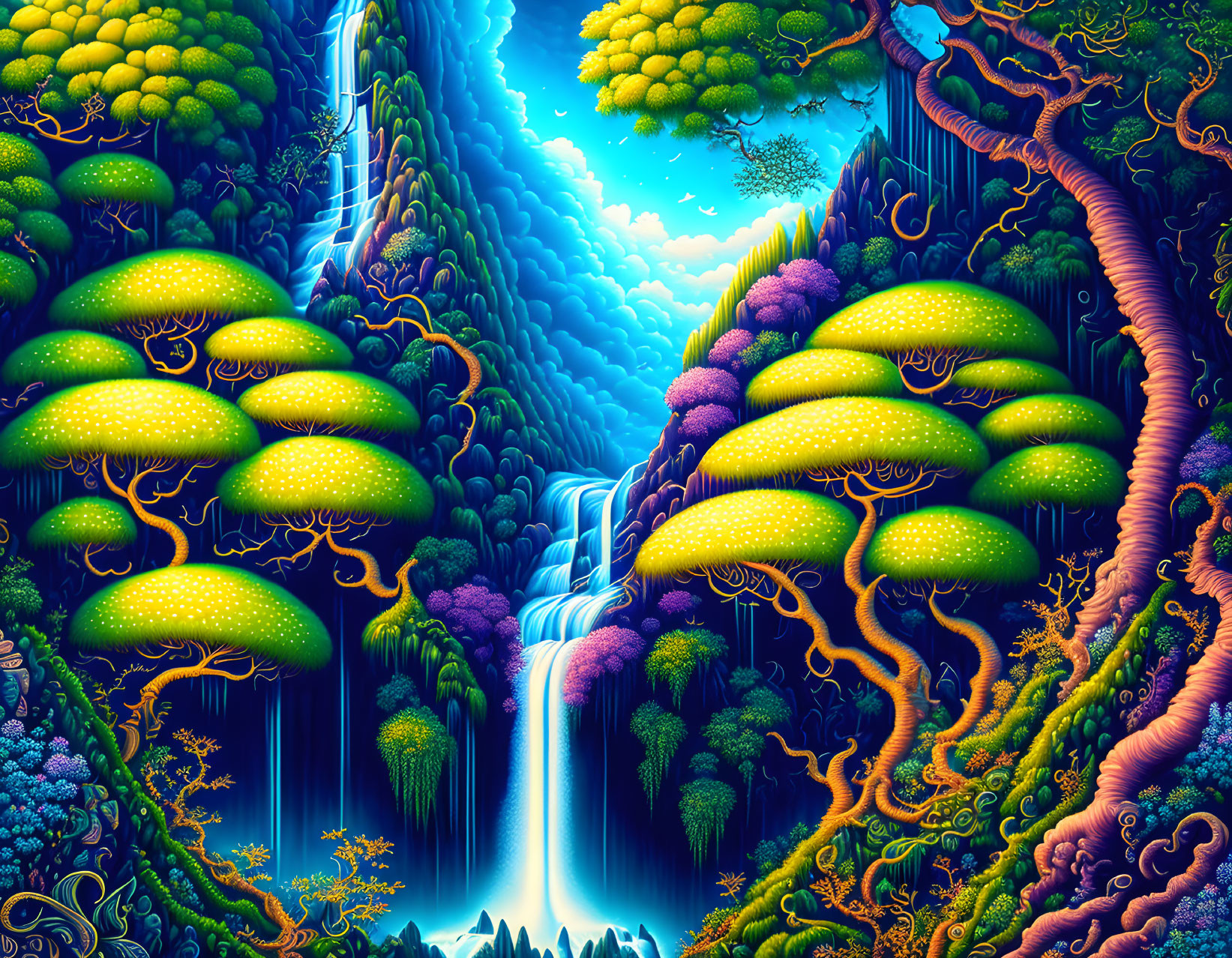 Surreal landscape with glowing mushrooms and waterfalls