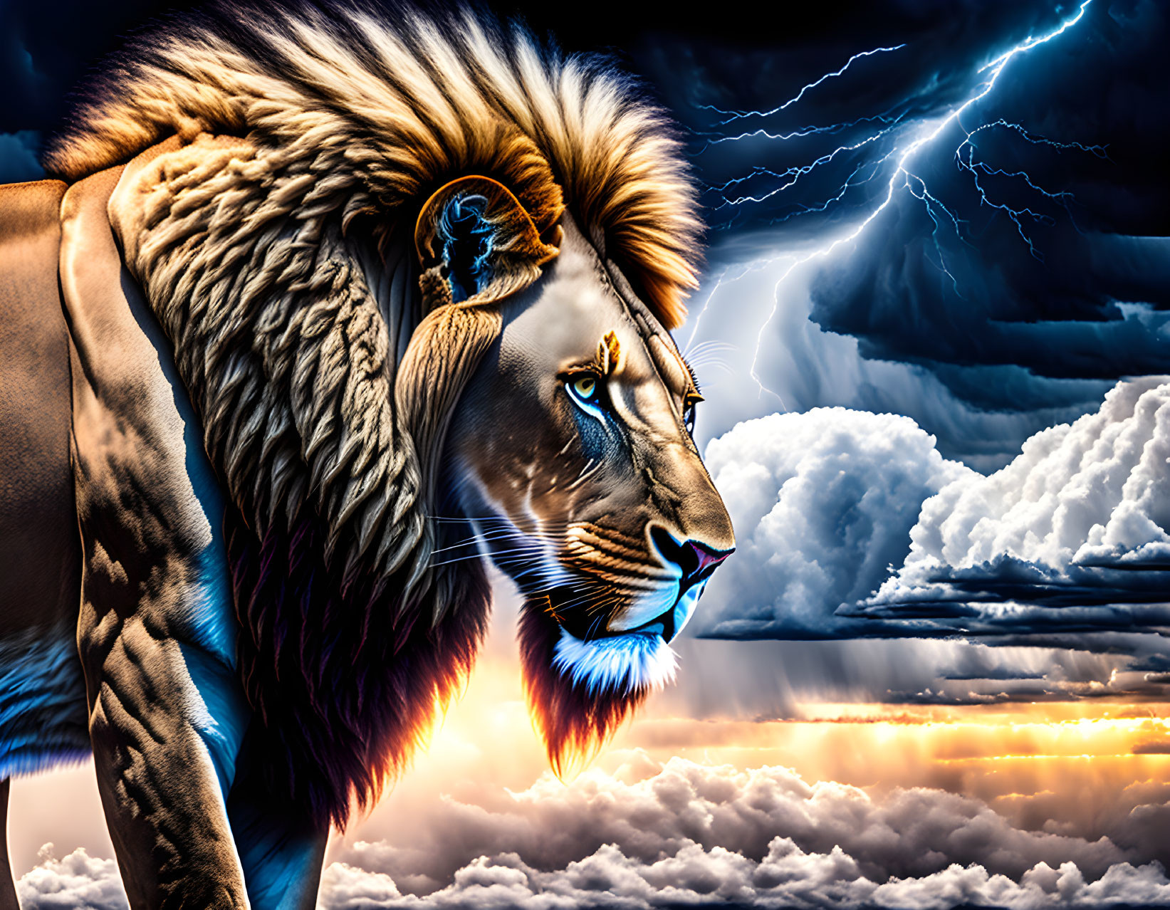 Majestic lion with vibrant mane under dramatic sky