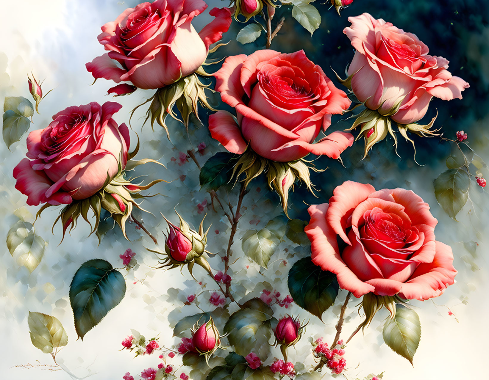 Red and Pink Roses in Various Bloom Stages on Soft-focus Background