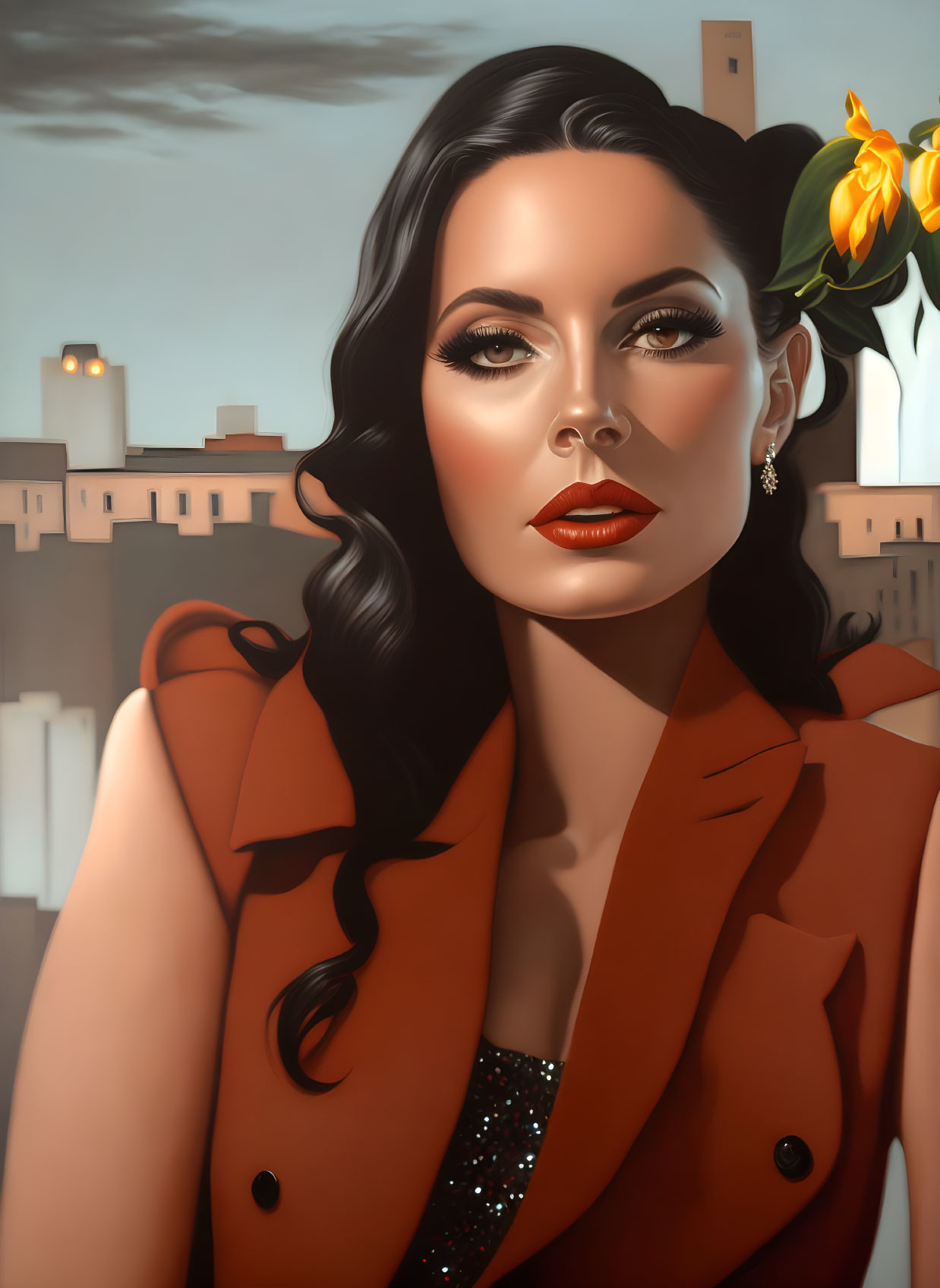 Portrait of Woman with Dark Hair, Red Lipstick, Orange Coat, and Yellow Flower in Cityscape