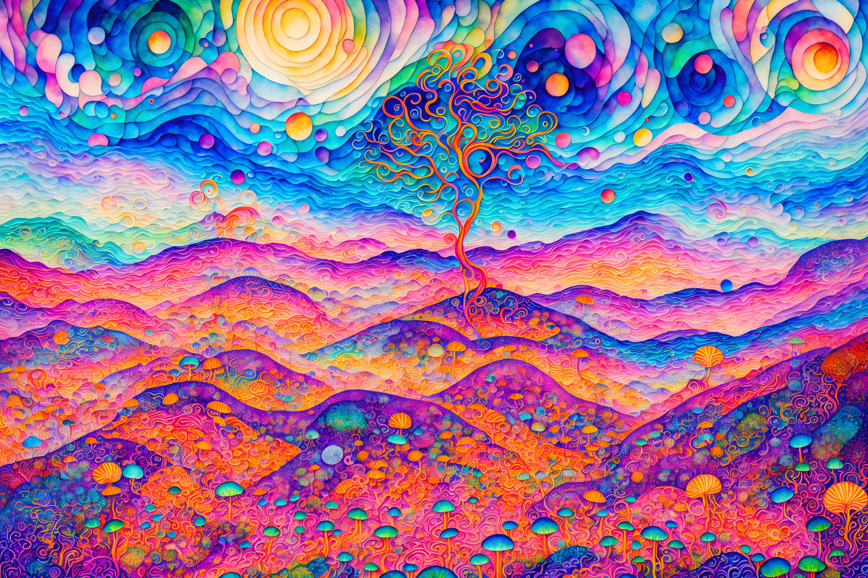 Colorful Abstract Landscape with Whimsical Tree & Swirling Patterns