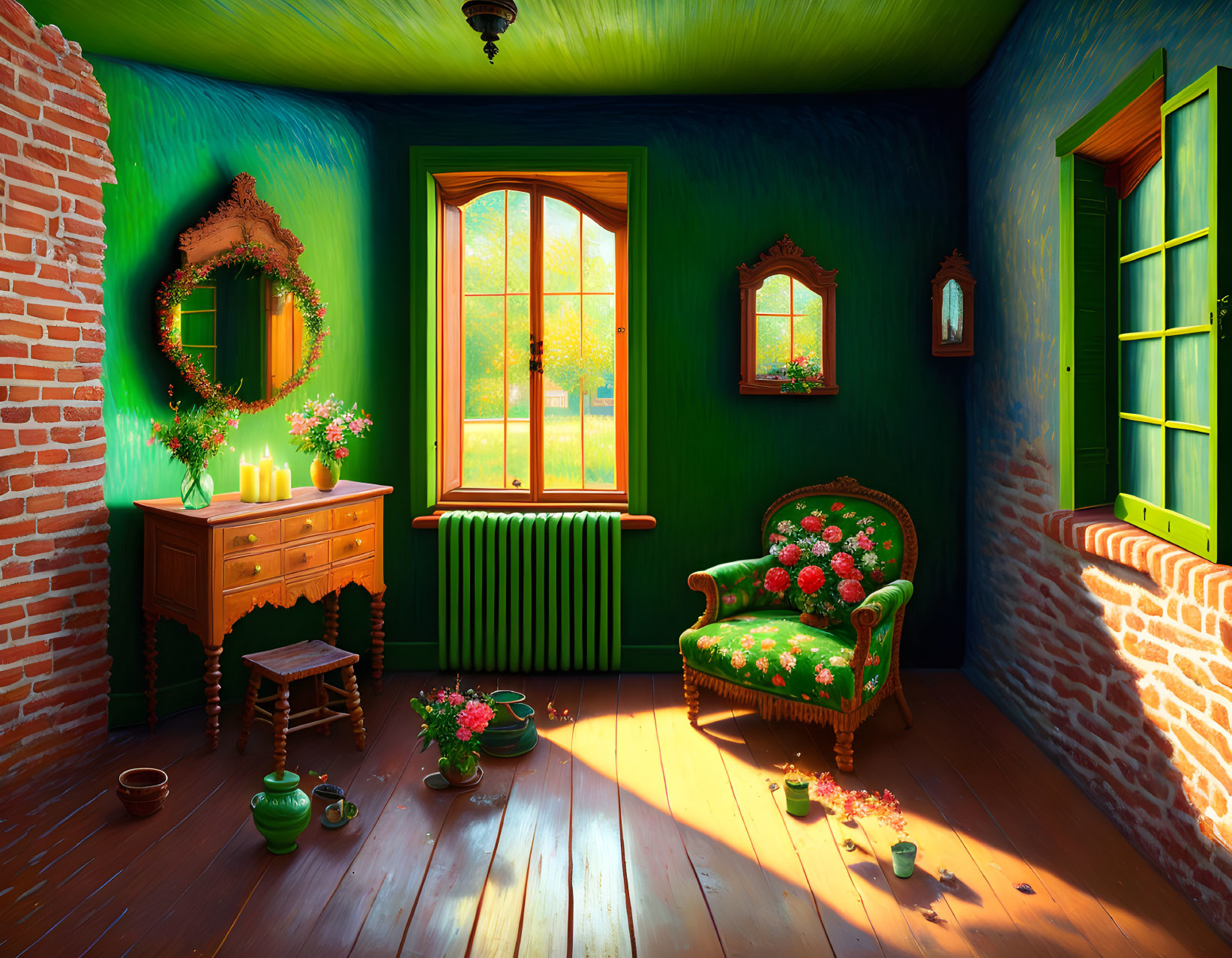 Green-walled room with antique furniture and autumn view.