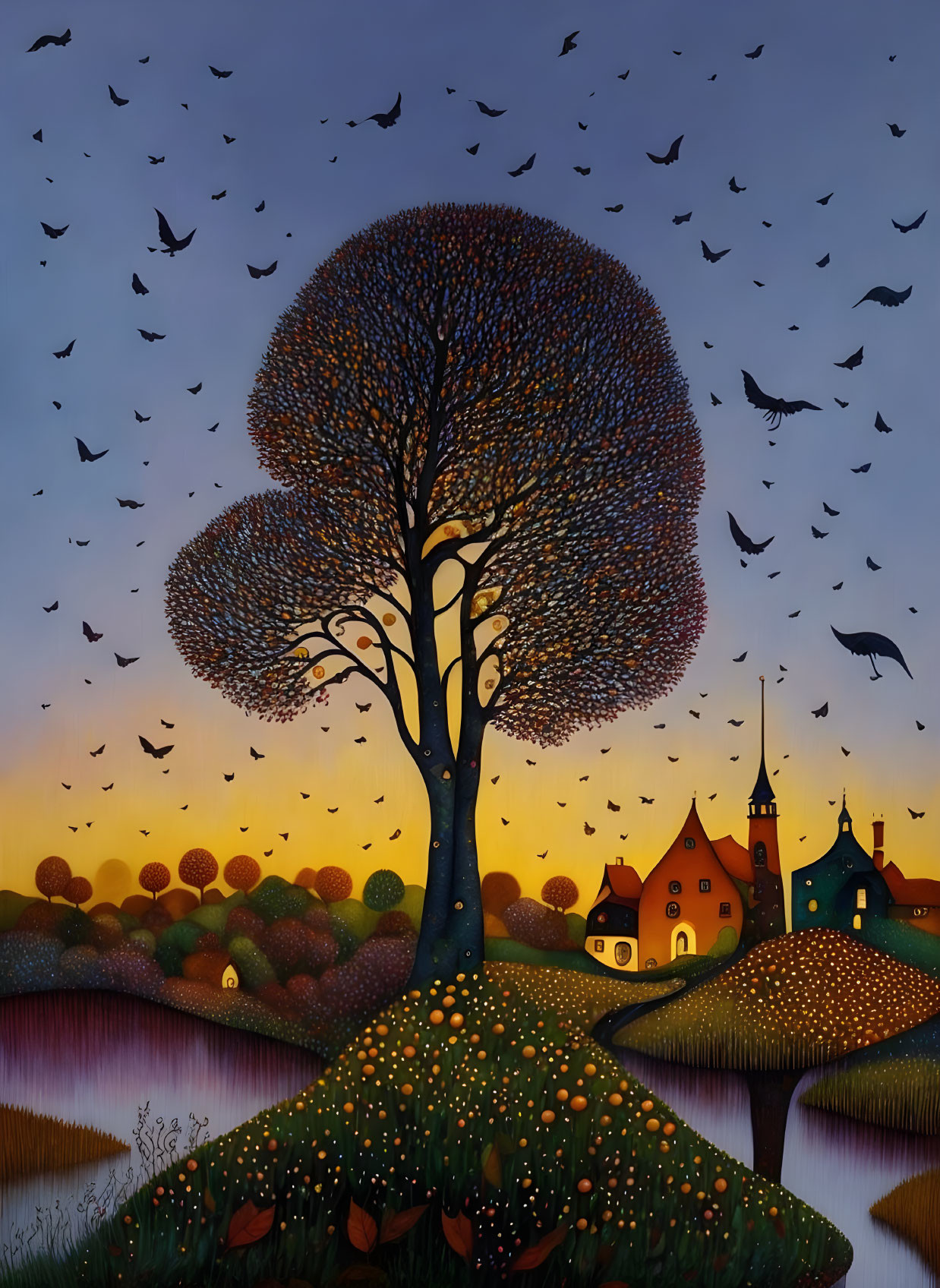 Whimsical painting of tree, birds, village and river at dusk