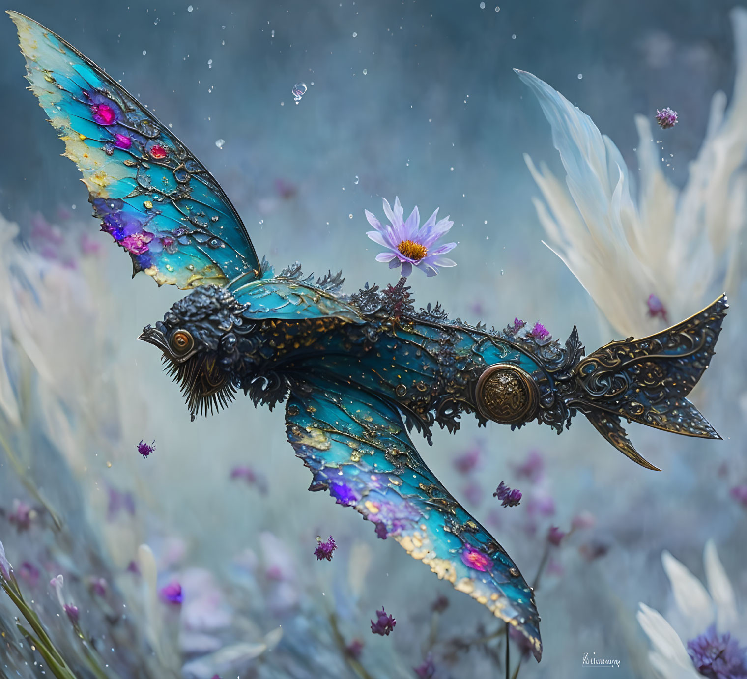 Intricate steampunk fish with ornate wings among purple flowers