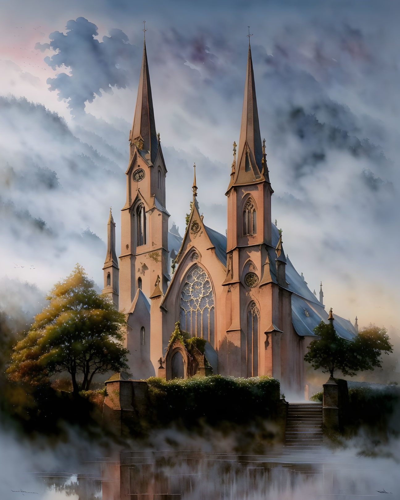 Gothic church with twin spires in misty sunrise or sunset