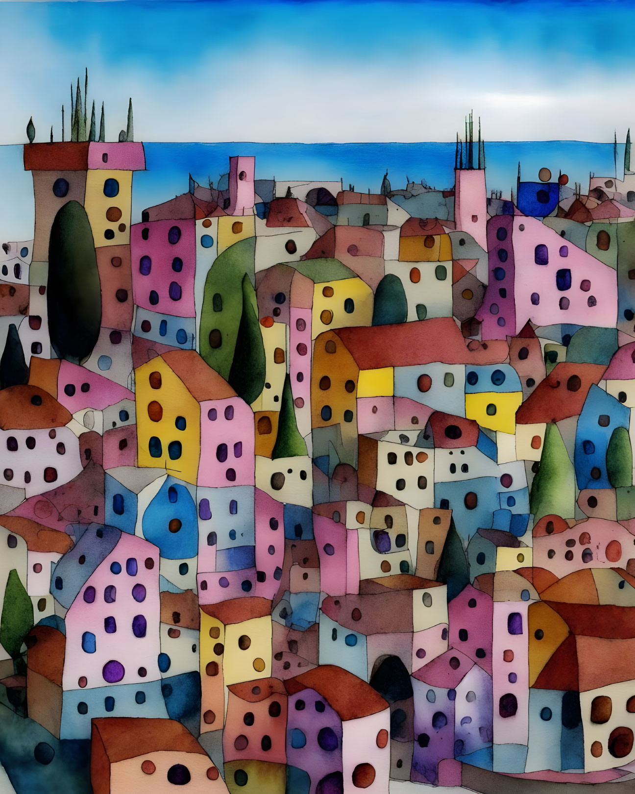 Colorful Watercolor Painting of Dense Townscape Under Blue Sky