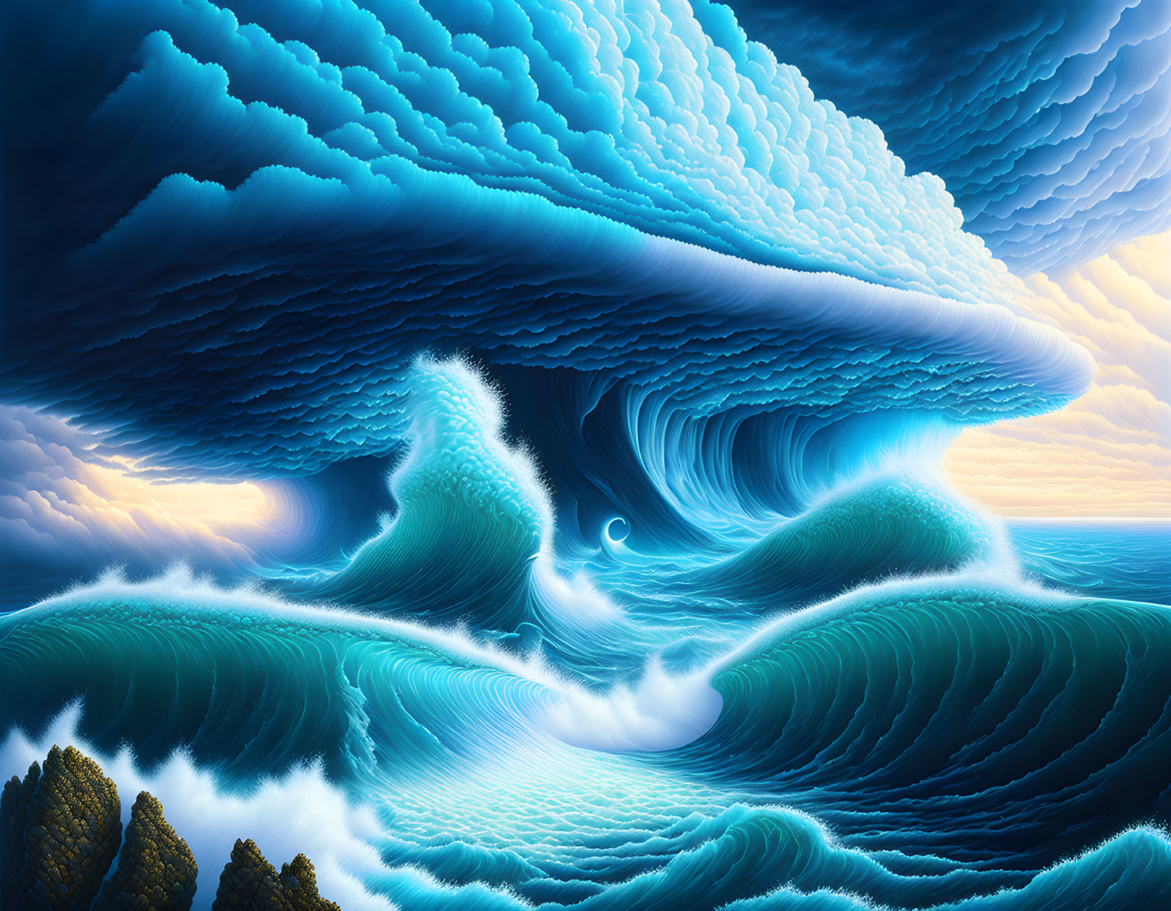 Surreal seascape with layered waves and merging clouds in blues