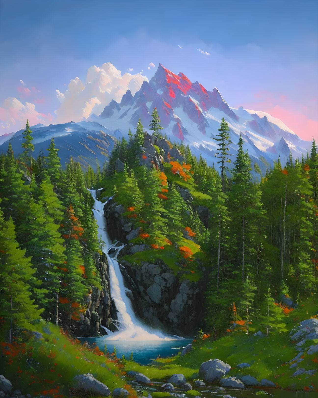 Mountain waterfall painting with lush greenery and pine trees