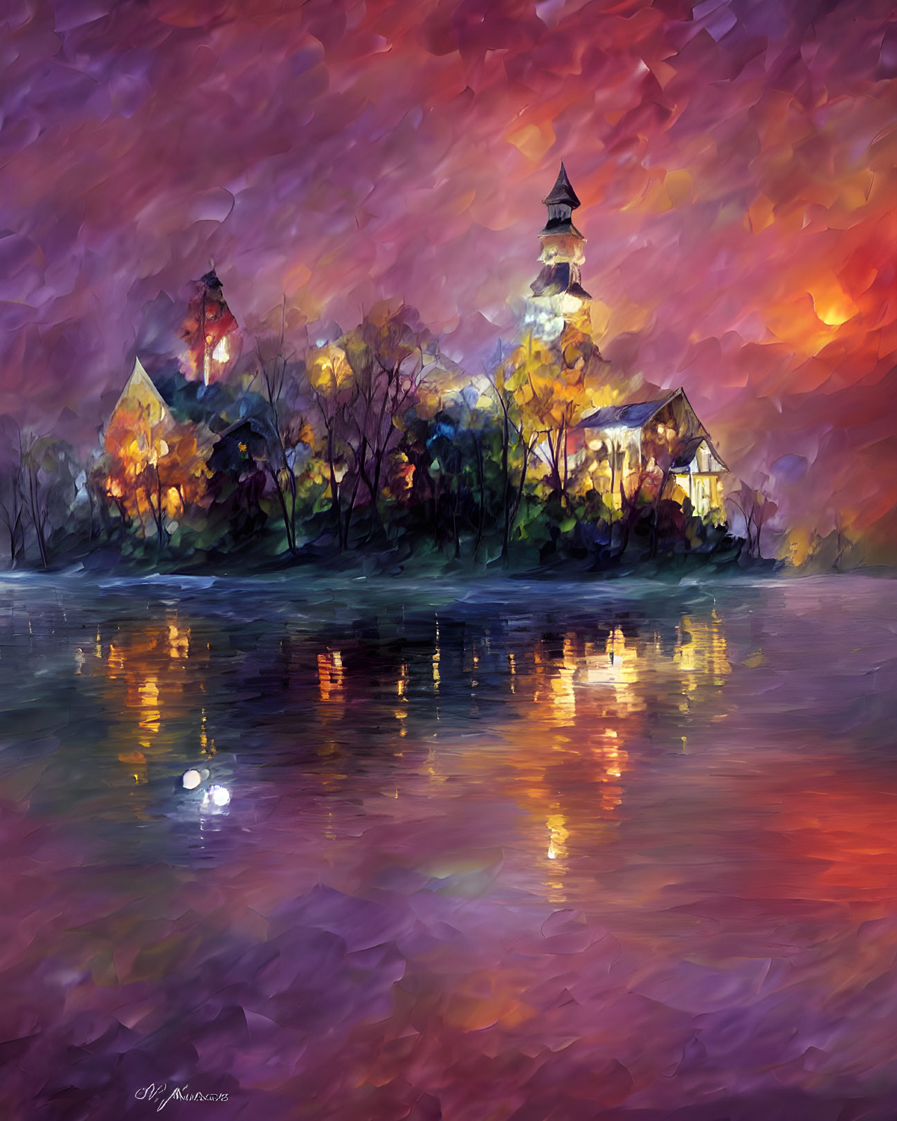 Luminous town by a lake: vibrant impressionist painting