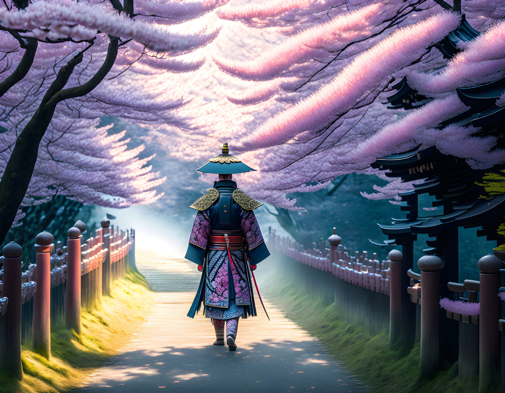 Traditional samurai armor under cherry blossoms along lantern-lined path