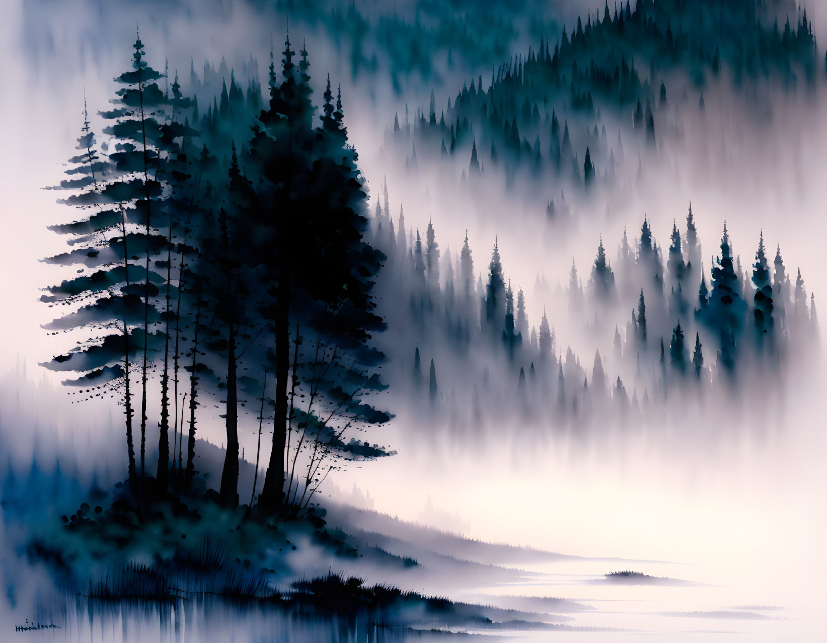 Misty landscape with evergreen tree silhouettes and hills in serene dusk scene