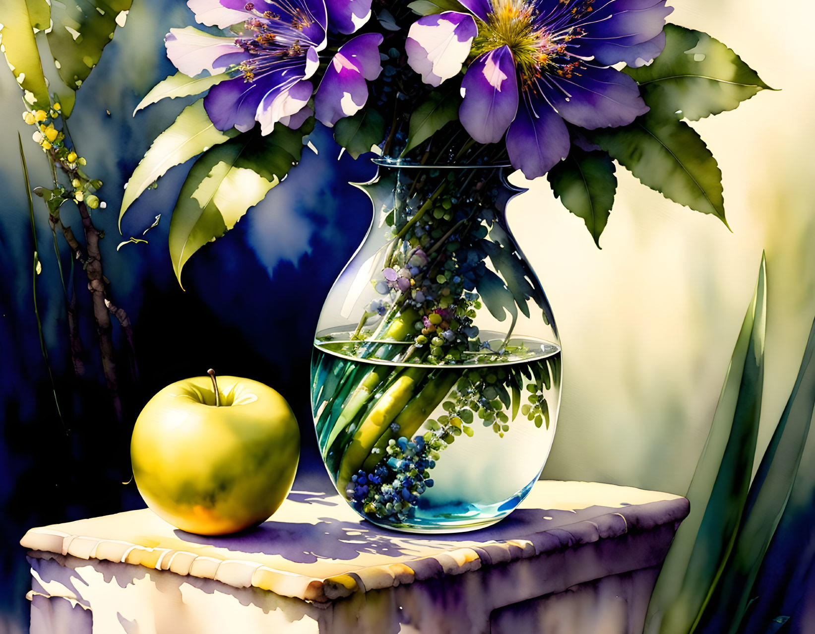 Colorful Still Life Painting with Purple Flowers, Glass Vase, Greenery, and Yellow Apple