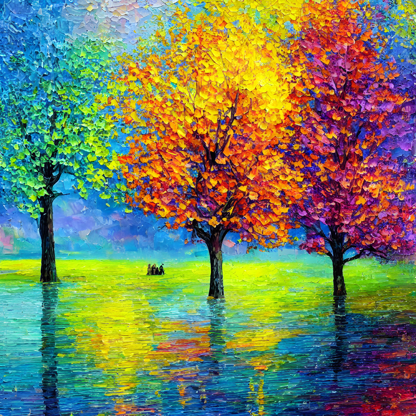 Colorful Autumn Trees Painting on Textured Blue and Green Surface