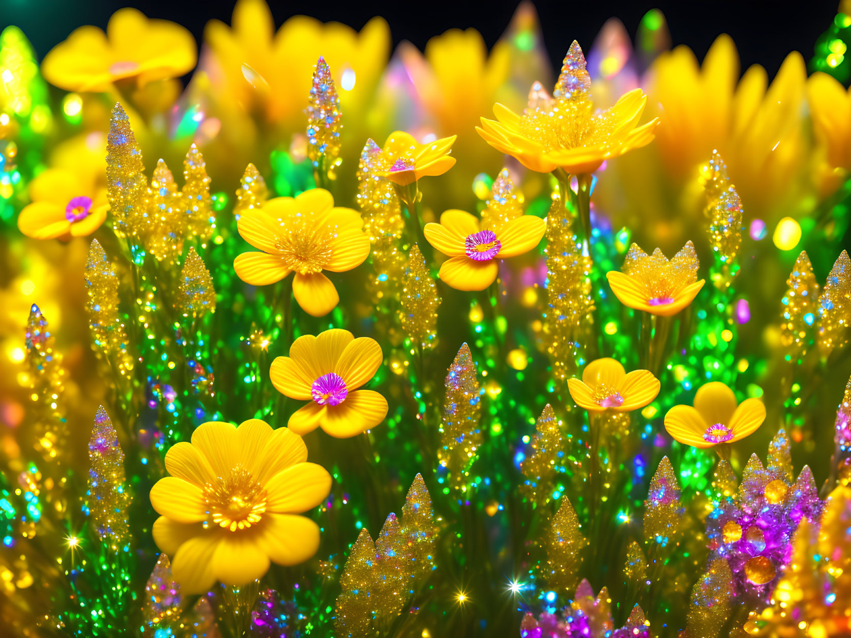 Vibrant yellow flowers with dewdrops on dark background