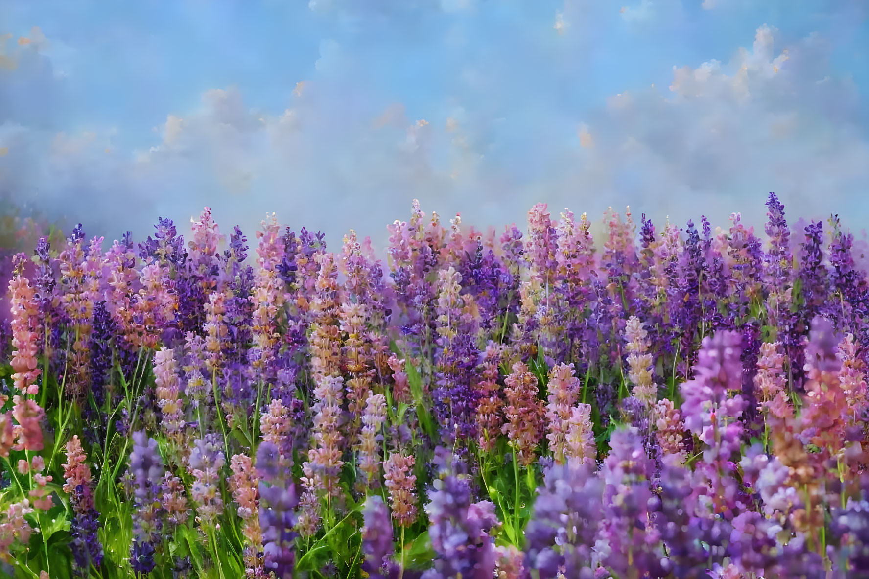 Colorful Lupine Flowers in Field under Blue Sky