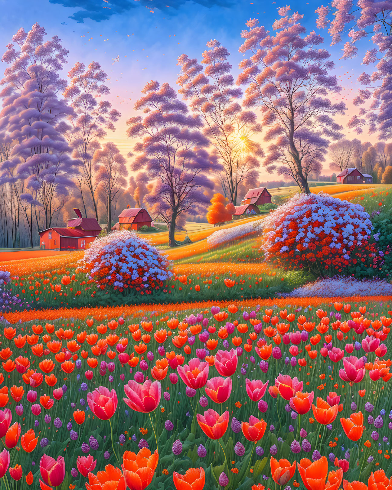 Scenic tulip field with red barns and flowering trees at sunset