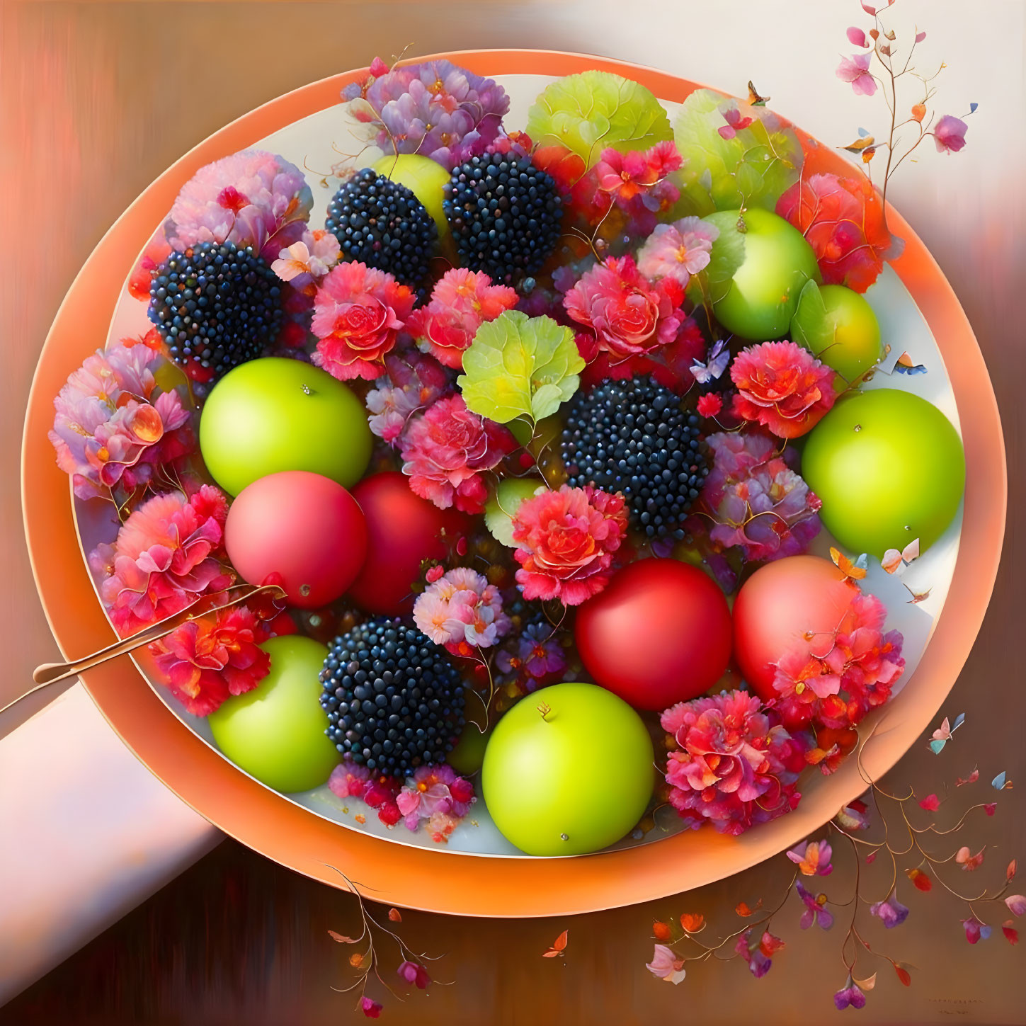 Colorful painting of bowl with fruits and flowers: green apples, red ornaments, purple & pink blooms