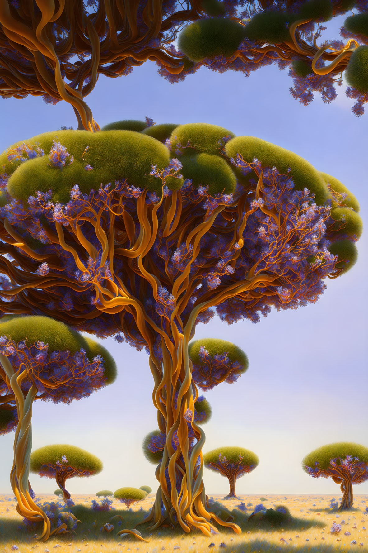 Twisted bark and lush canopies in surreal landscape