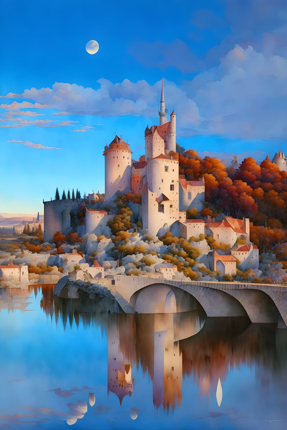 Castle with towers on hillock, bridge over water, autumn forest, crescent moon in twilight sky