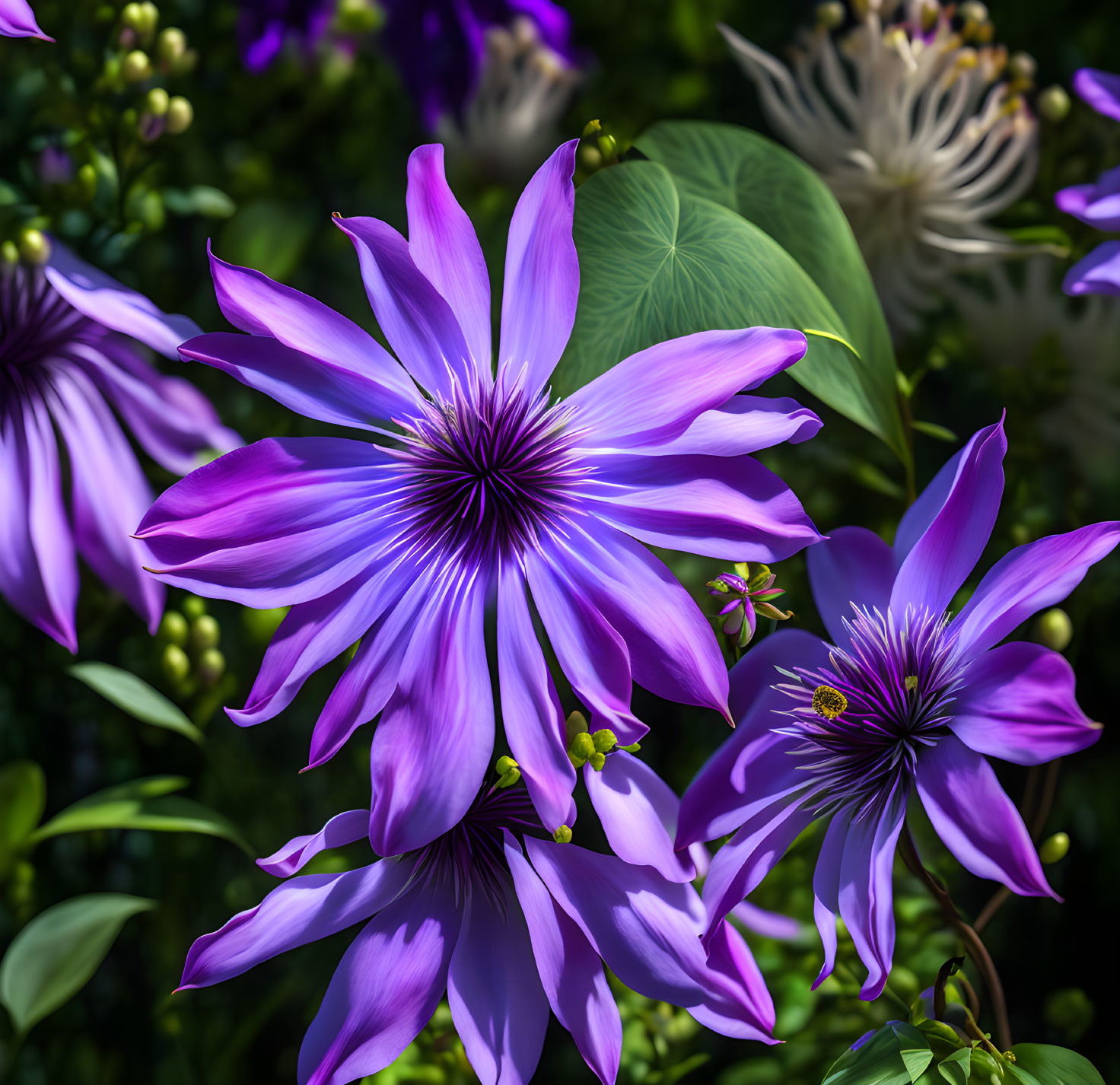 Vibrant Purple Flowers with White Stamens in Lush Green Foliage