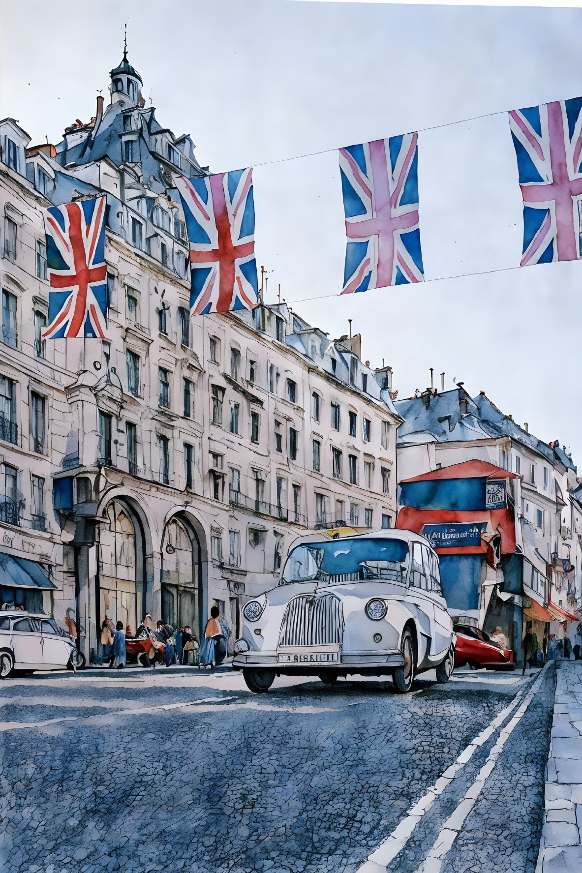 Vintage Taxi on Cobbled Street with British Flags and European Buildings in Watercolor Effect