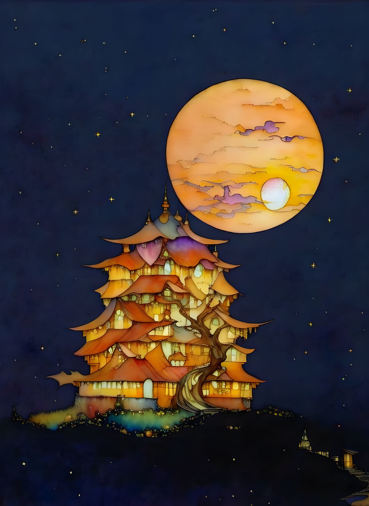 Fantasy pagoda artwork in tree with glowing windows under yellow moon