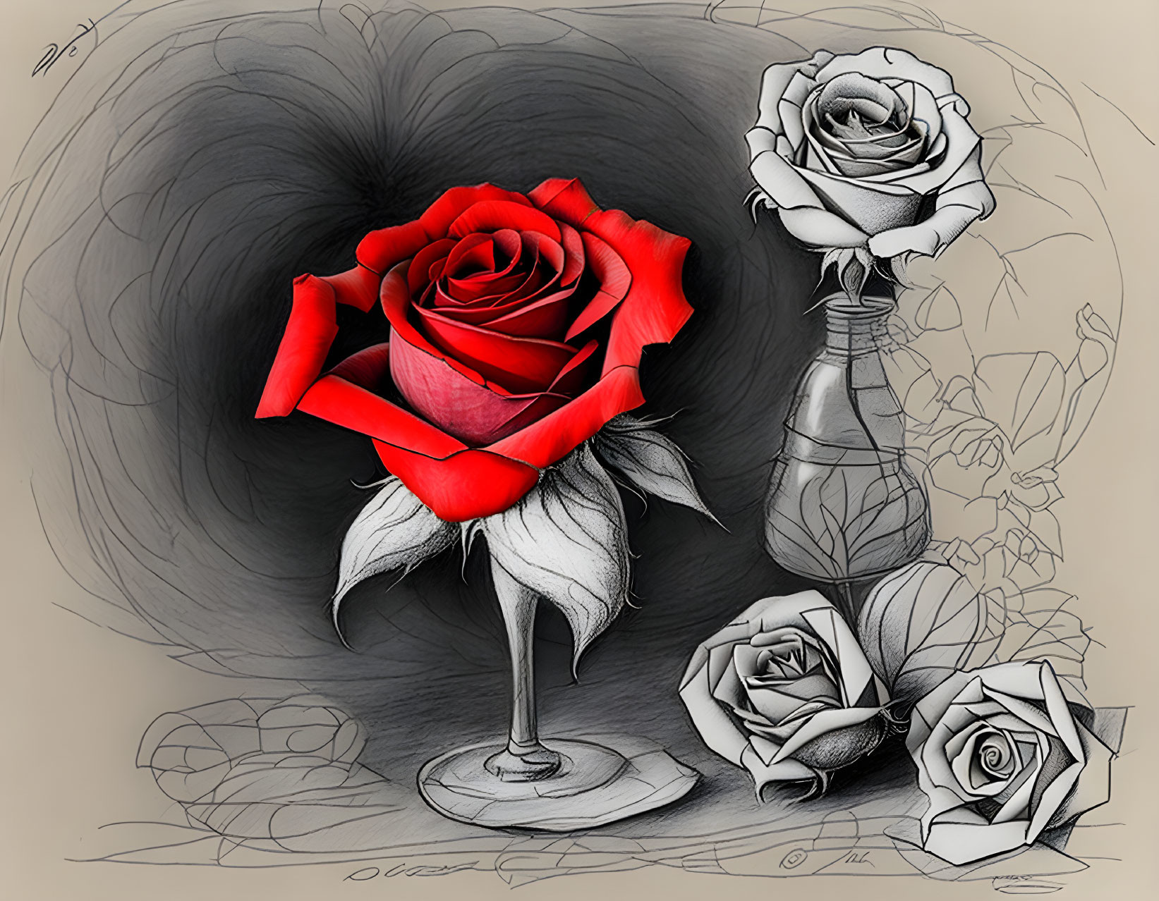 Contrasting red rose among grayscale sketches with artistic shading