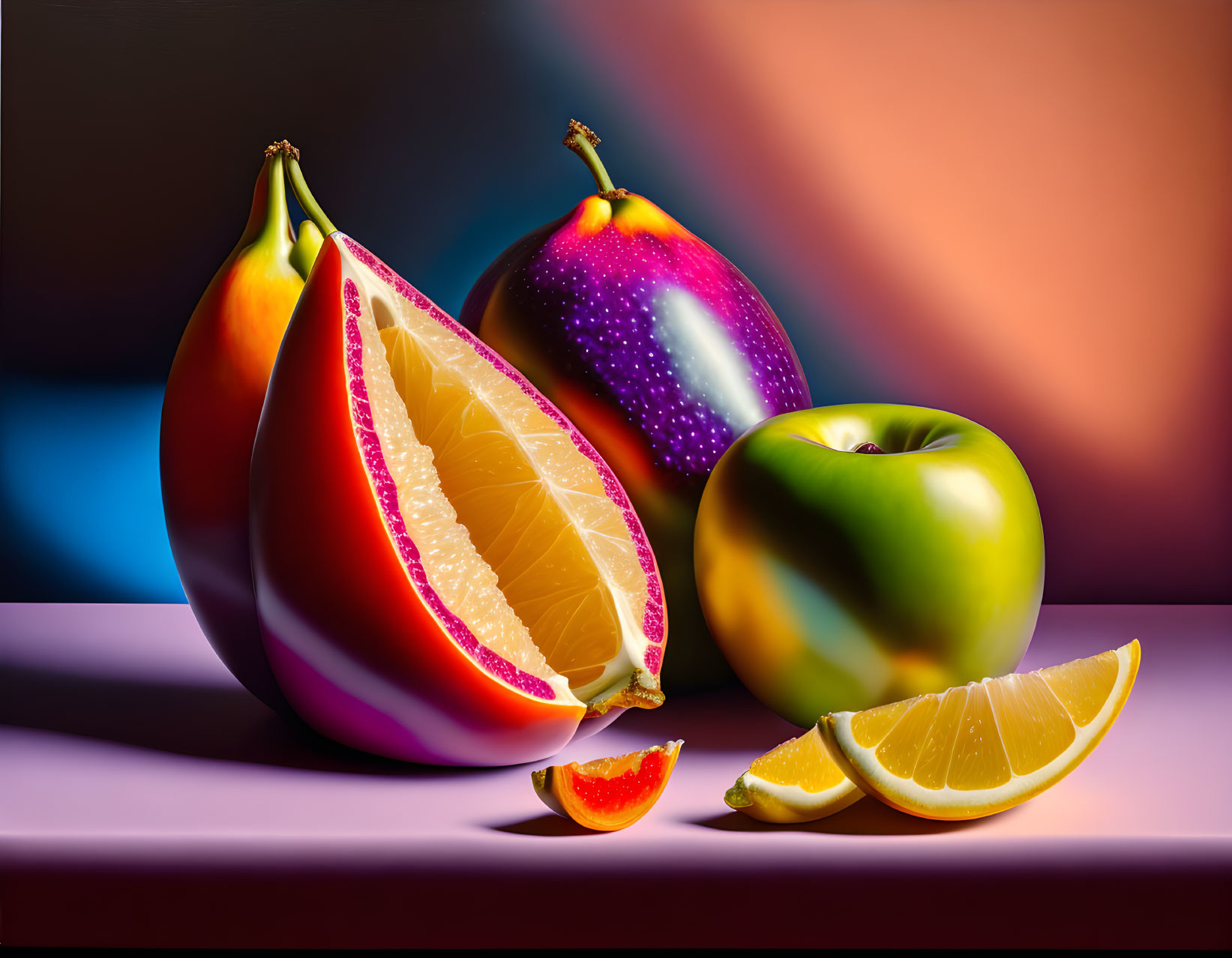 Colorful Still Life Composition with Fruits on Pink Surface