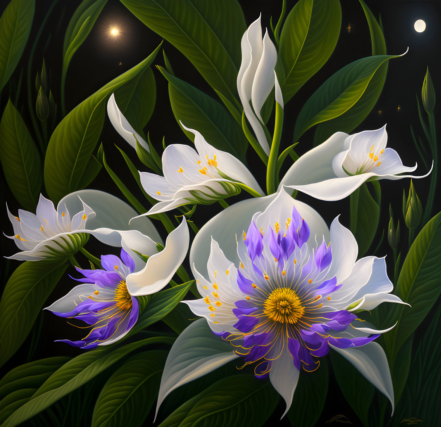 White Flowers with Purple and Yellow Centers in Digital Art