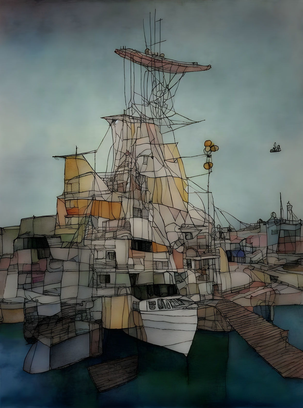 Ships at Harbor with Sketch-like Overlay and Watercolor Tones