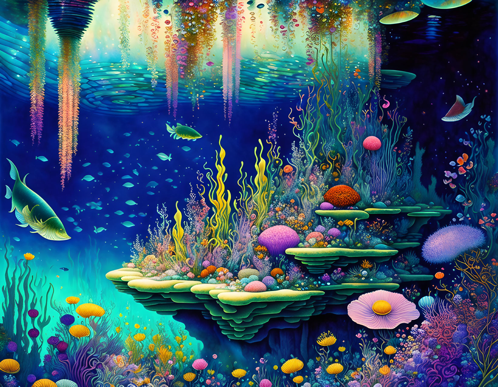 Colorful Coral and Fish in Illuminated Underwater Scene