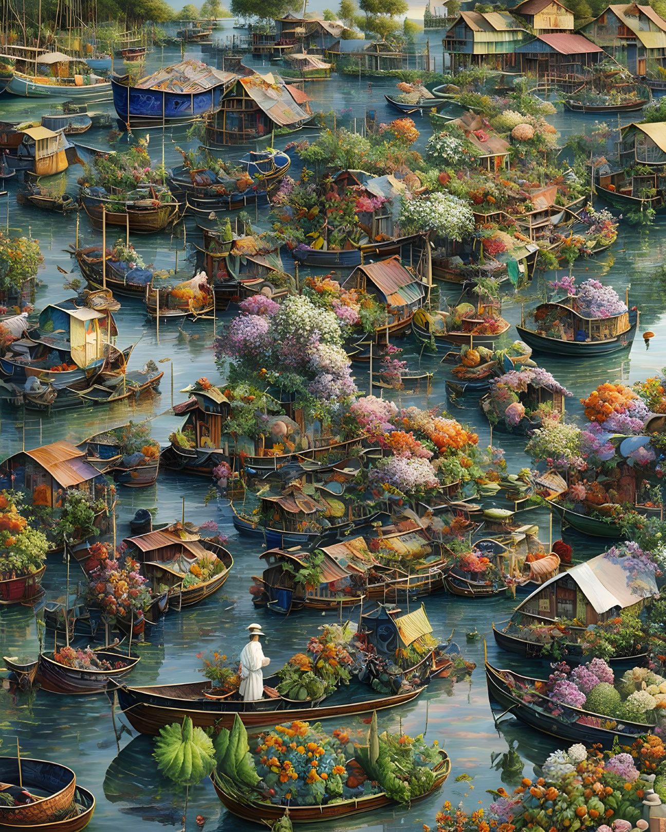 Colorful Floating Market with Flower Laden Boats and Solitary Figure