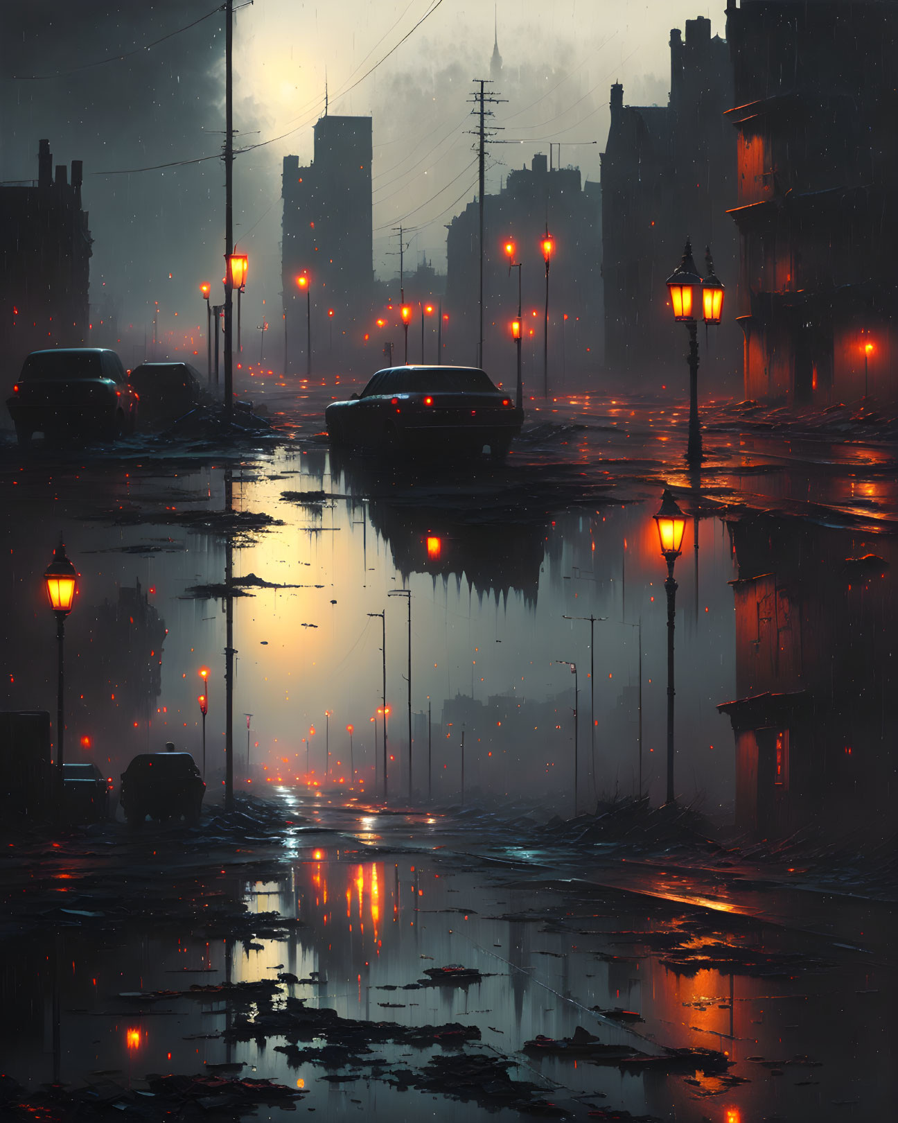 City street at dusk: rain reflections, parked cars, moody atmosphere