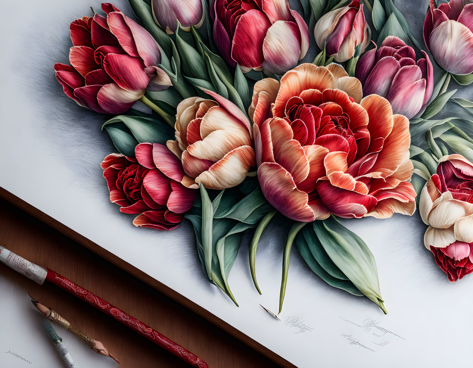 Detailed illustration of red and pink tulips with peony-like center, pencils, and design sketches on