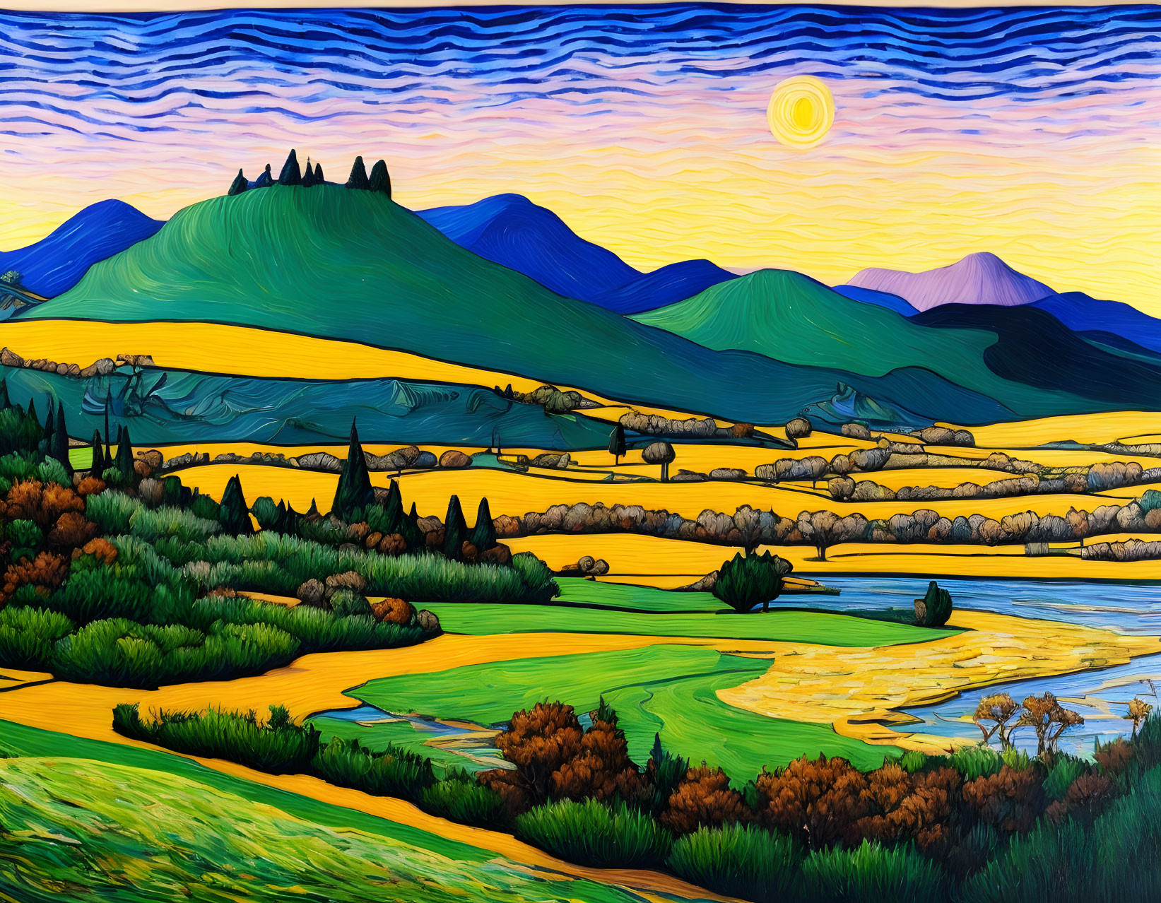 Colorful landscape painting with hills, river, trees, and sun in swirling sky