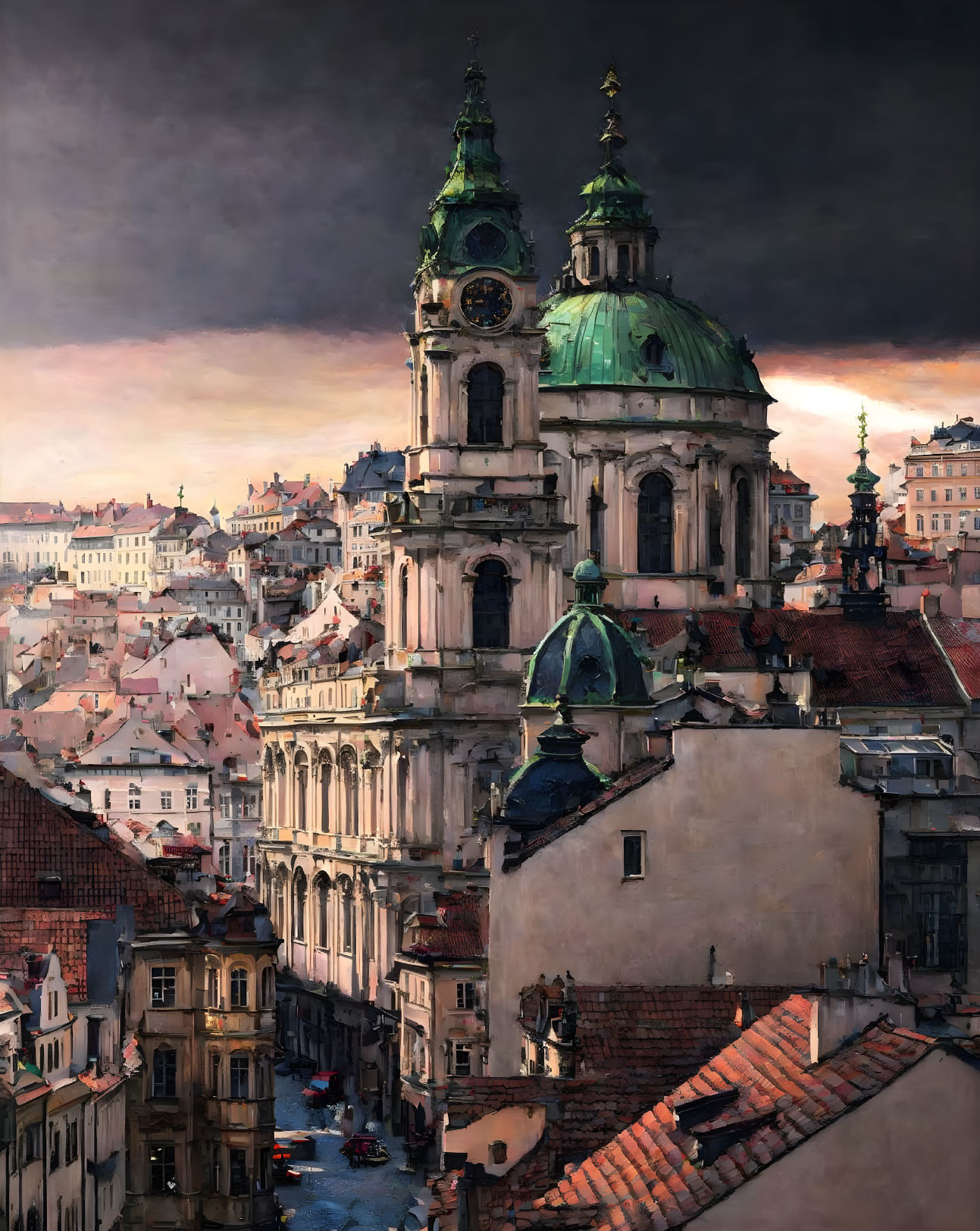 European cityscape at dusk with historic architecture and copper domes.