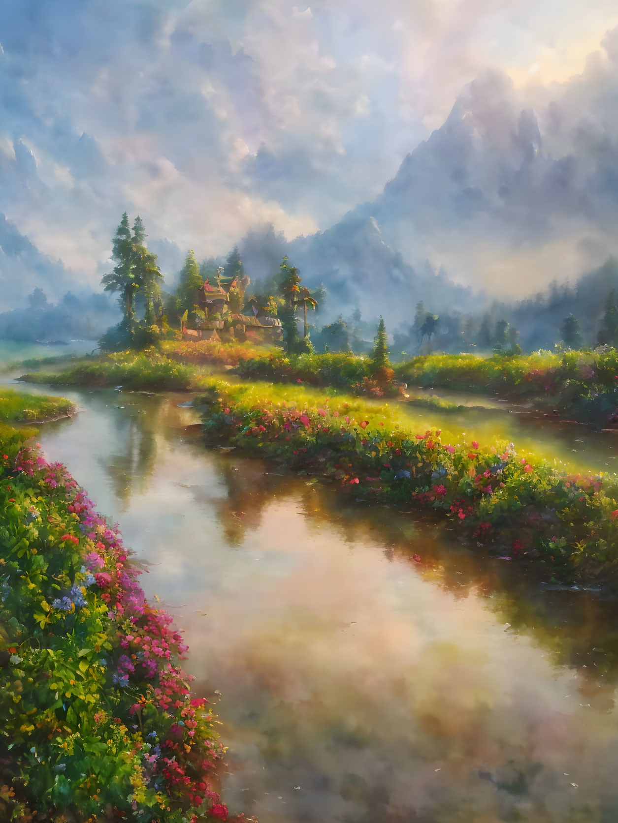 Serene landscape painting: river, colorful flora, misty mountain, temple