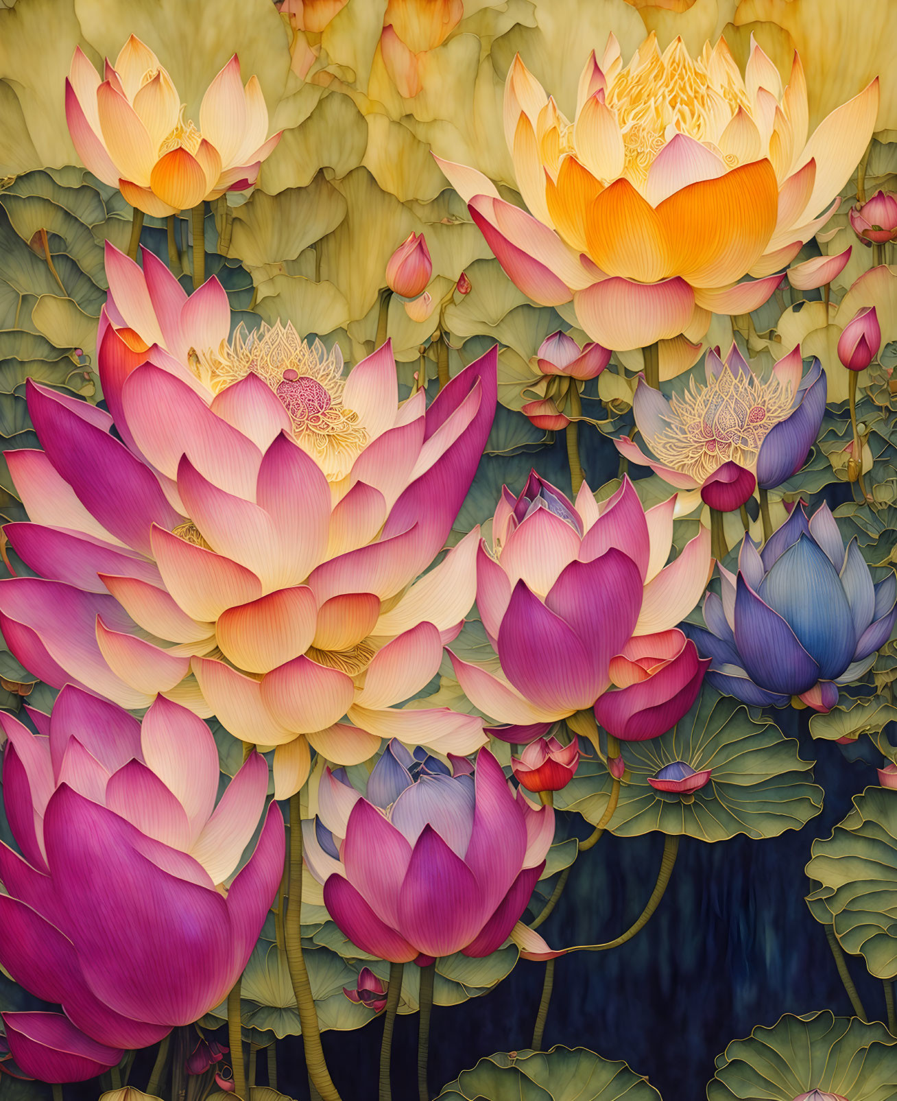 Colorful painting of blooming lotus flowers and lily pads