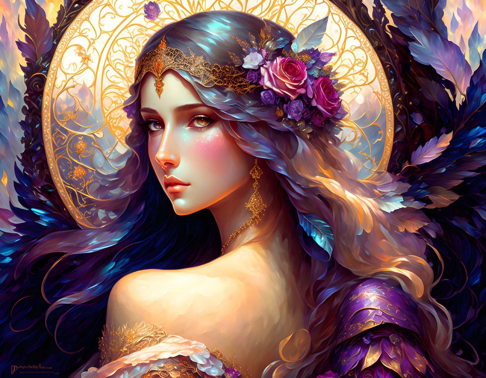 Ethereal woman with violet feathers and ornate headdress