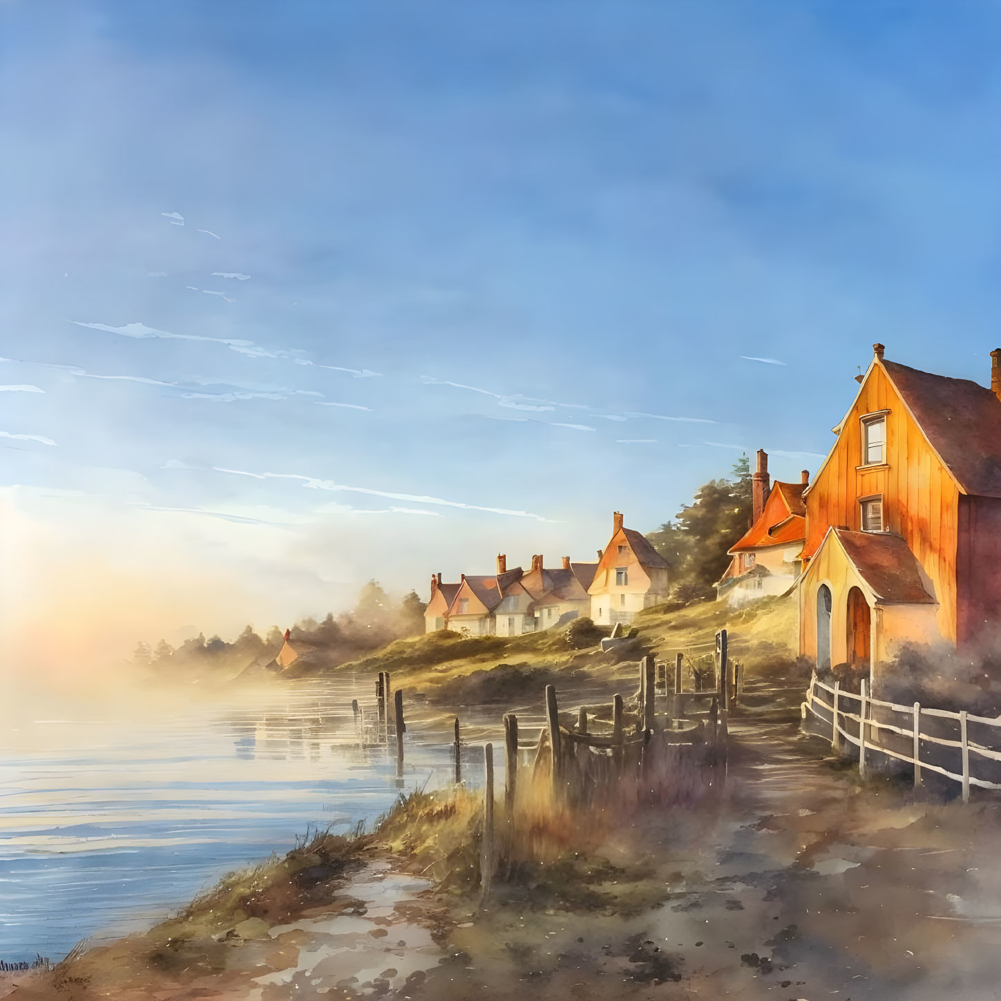 Tranquil coastal village painting at sunrise