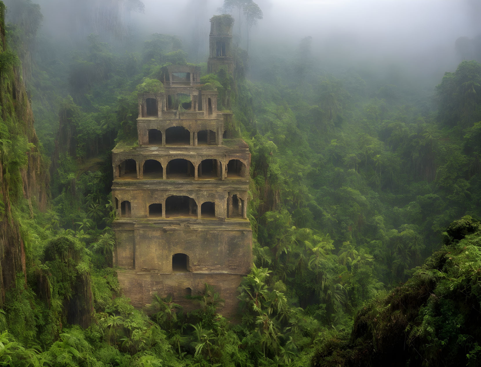 Mossy forest tower shrouded in mist