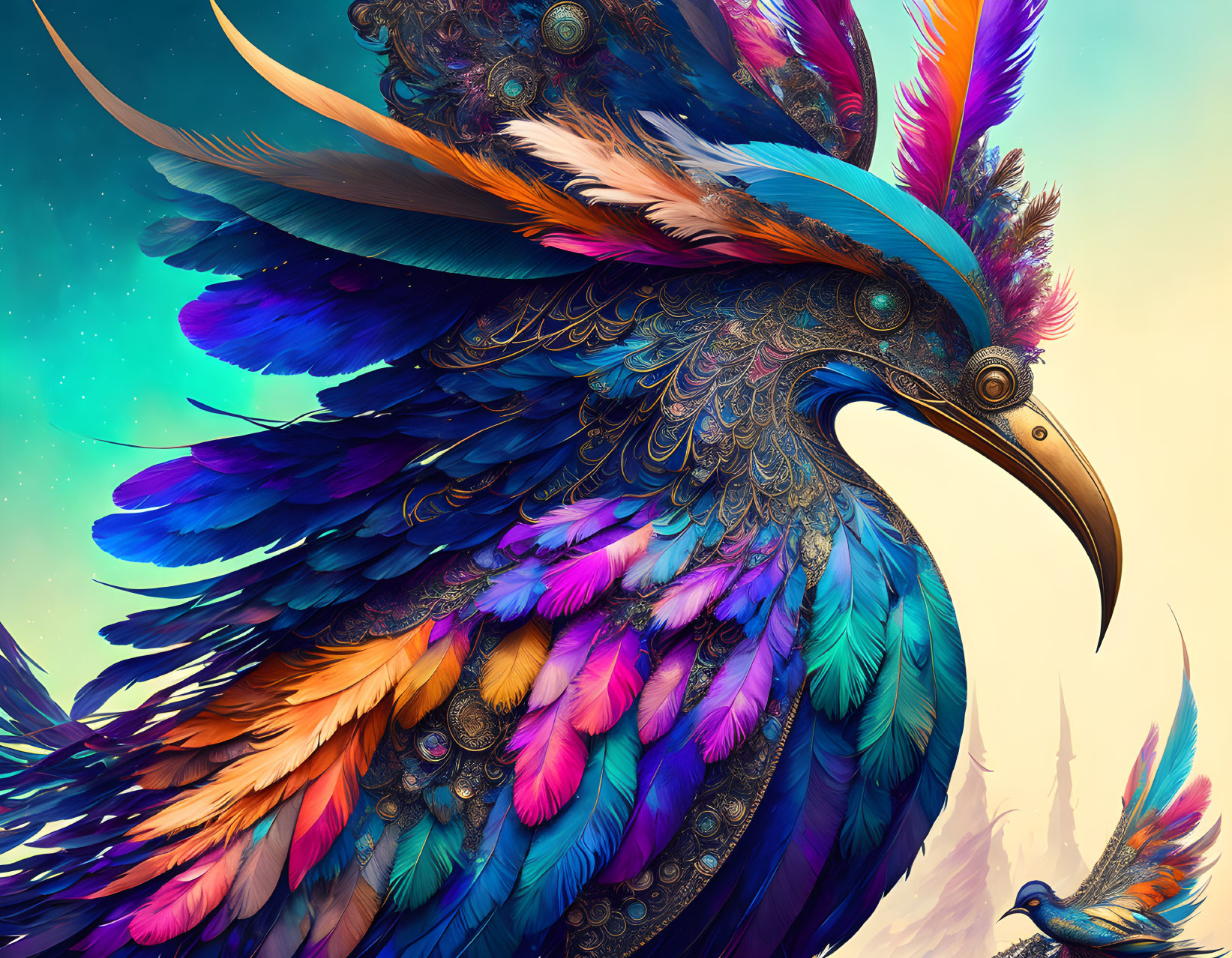 Colorful mythical bird digital art against celestial backdrop