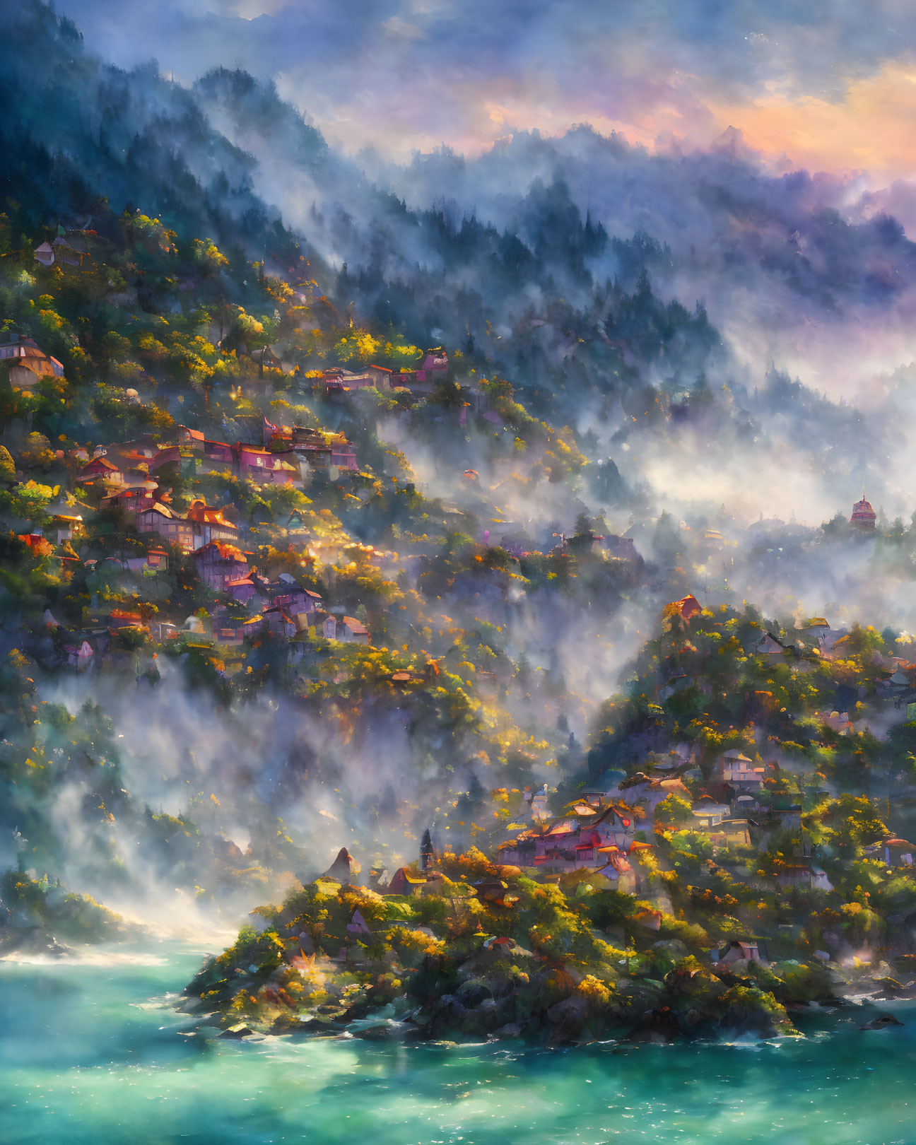 Misty mountain landscape with river, houses, and trees at sunrise or sunset