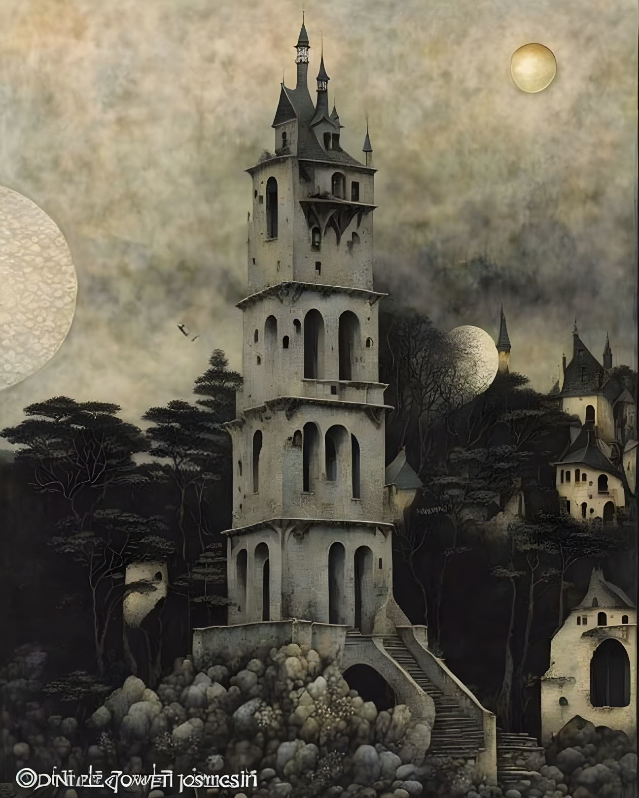 Dark gothic tower in moonlit surreal scene