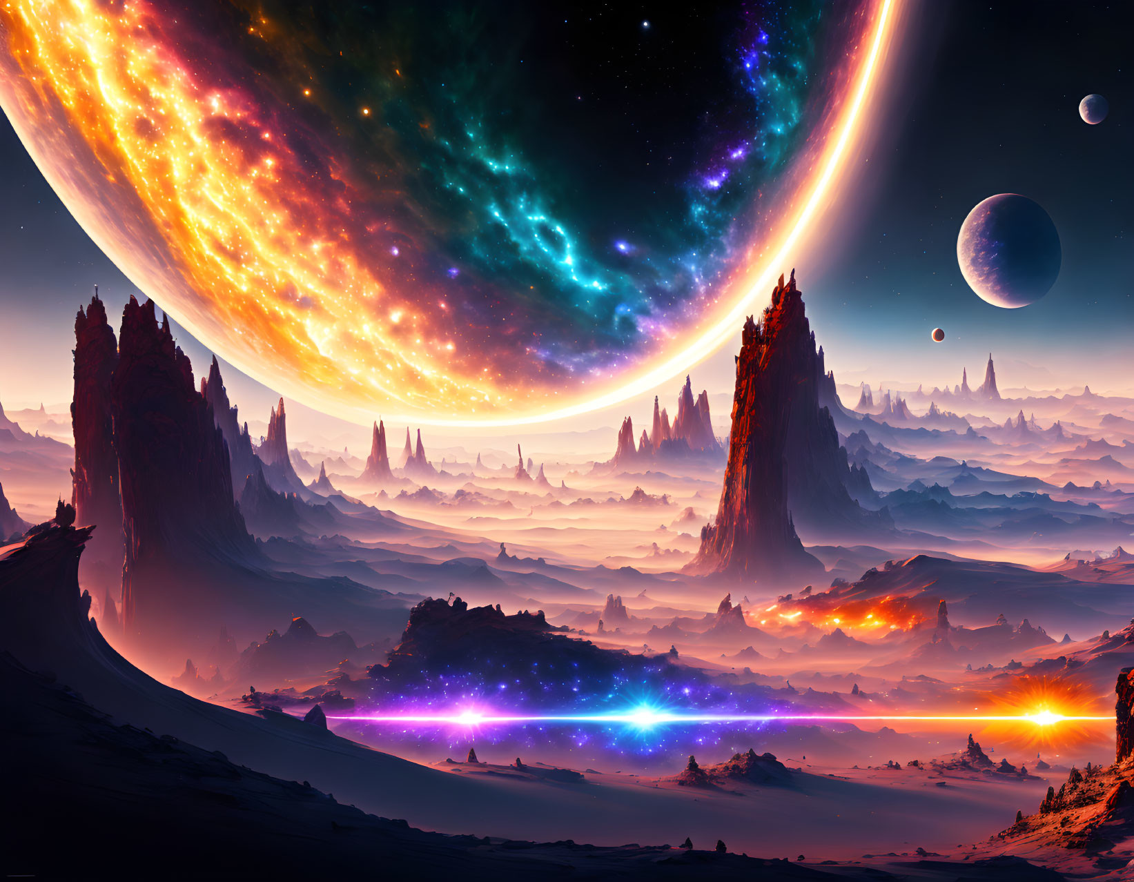 Vibrant sci-fi landscape with towering rock formations and colorful nebulae sky