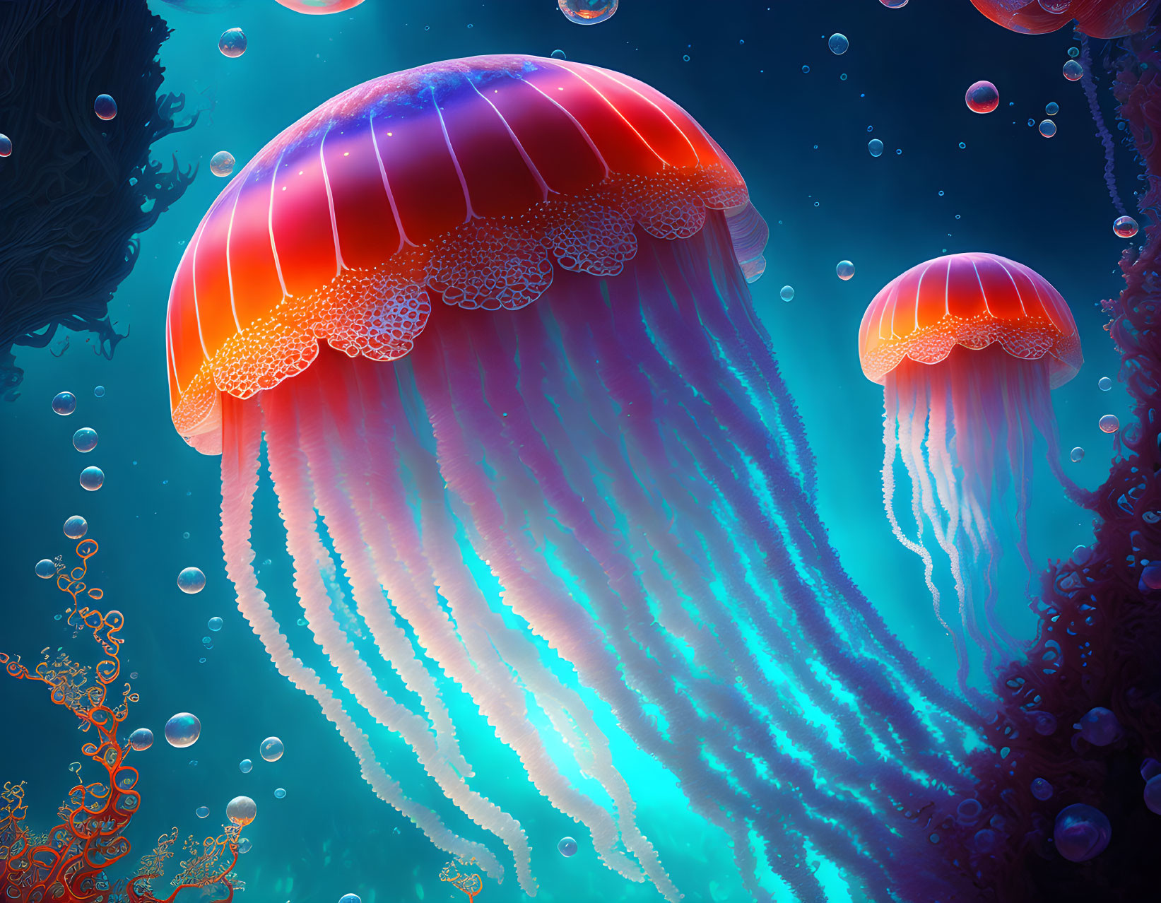 Colorful jellyfish illustration in deep blue ocean with coral & bubbles