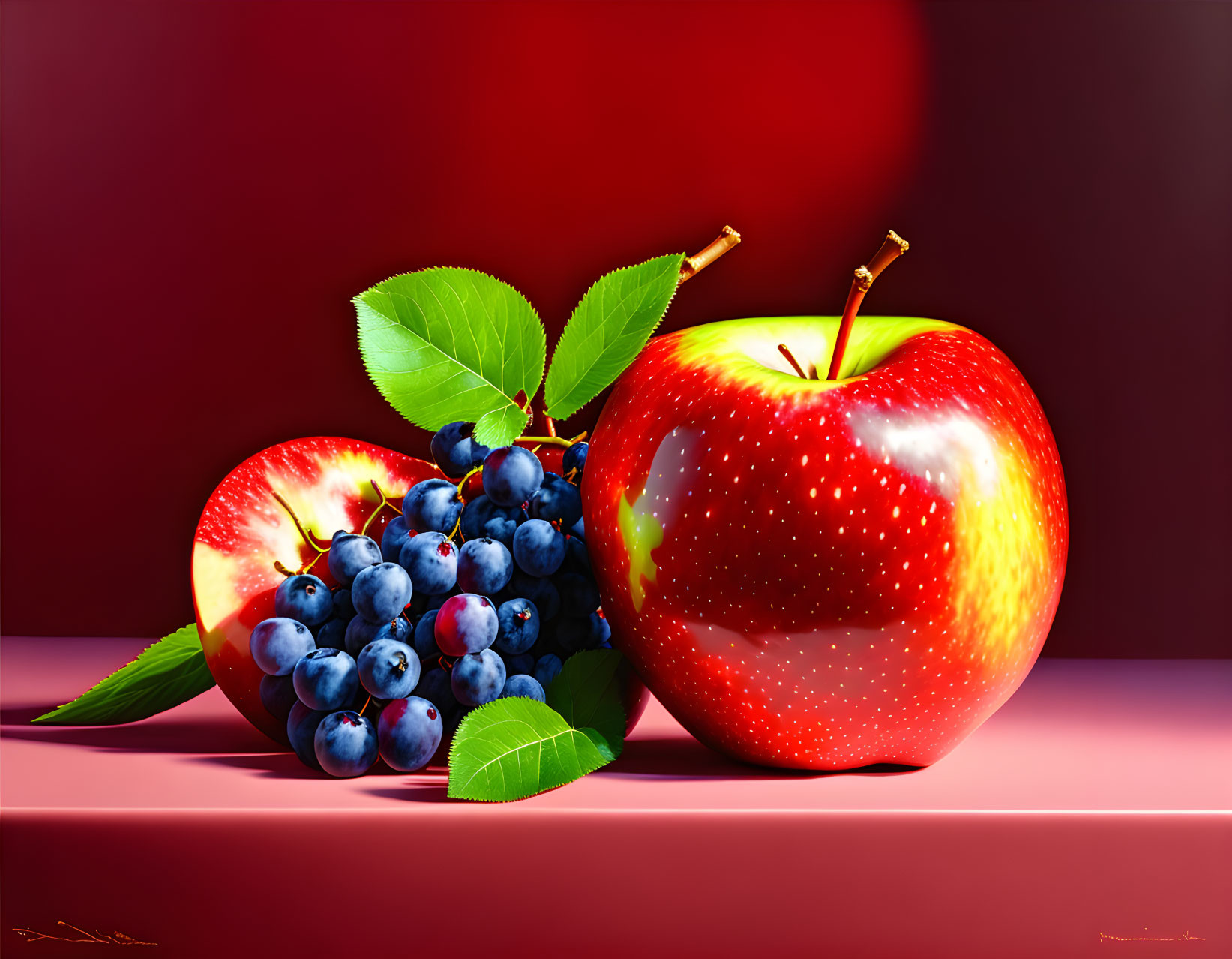 Fresh red apples and ripe blueberries on reflective maroon surface